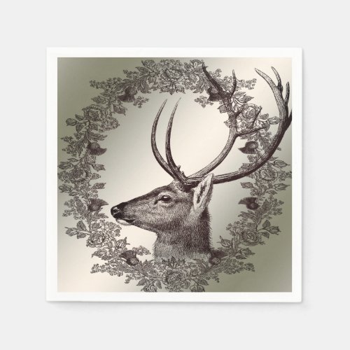 Christmas Party Floral Reindeer Golden Winter Napkins