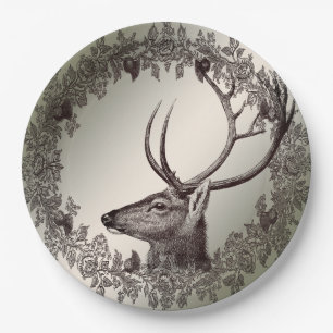 Christmas Party Floral Reindeer Golden Winter Paper Plates