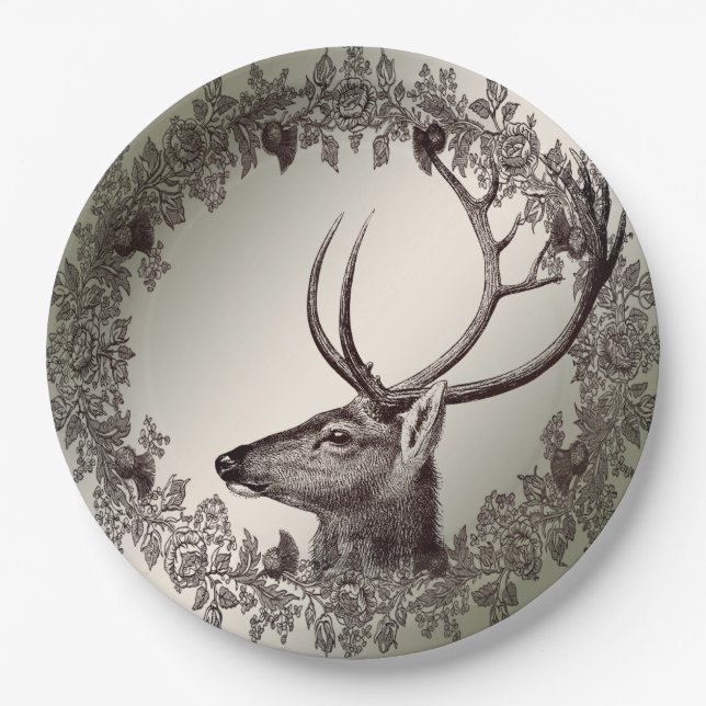 Christmas Party Floral Reindeer Golden Winter Paper Plates (Front)