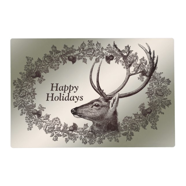 Christmas Party Floral Reindeer Golden Winter Placemat (Front)