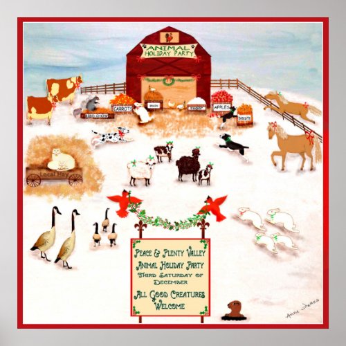 Christmas Party for animals farm folk art dogs Poster