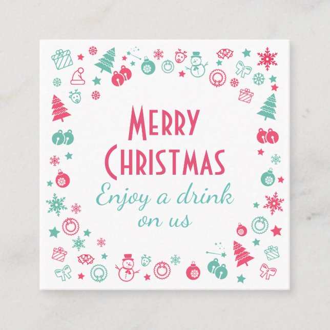 Christmas Party Free Drink Voucher Square Business Card (Front)