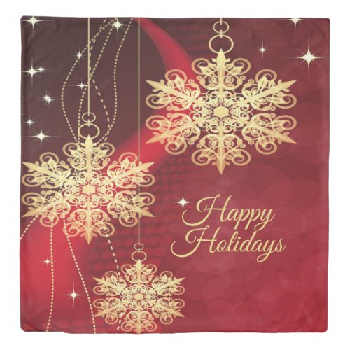 Christmas Party Gift Red Golden Snowflakes Holiday Duvet Cover