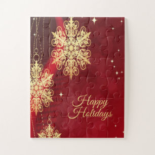 Christmas Party Gift Red Golden Snowflakes Holiday Jigsaw Puzzle