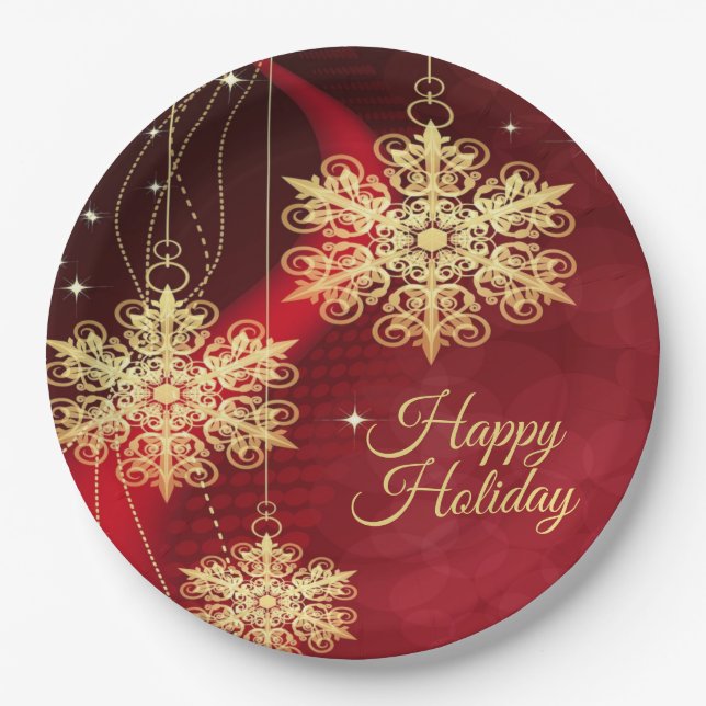 Christmas Party Gift Red Golden Snowflakes Holiday Paper Plates (Front)
