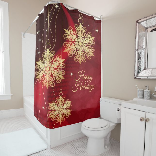 Christmas Party Gift Red Golden Snowflakes Holiday Shower Curtain (In Situ)