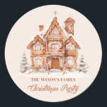 Christmas Party Gingerbread House Sticker<br><div class="desc">Christmas Party Gingerbread House personalized round sticker will be a great addition to your party favors or invitation envelopes. Designed with a beautiful Gingerbread house on a snowy background. Matching items in our</div>