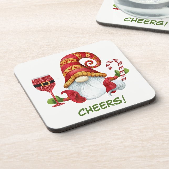 Christmas Party Gnome Cheers Beverage Coaster (Left Side)