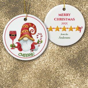 Christmas Party Gnome Cheers Ceramic Ornament