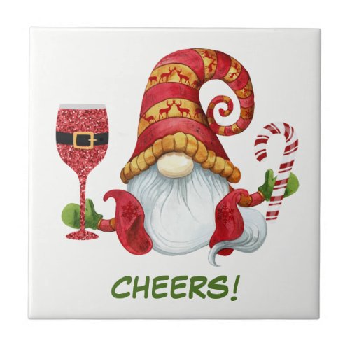 Christmas Party Gnome Cheers Ceramic Tile