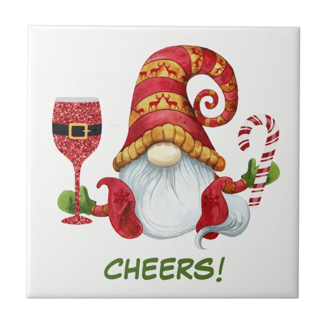 Christmas Party Gnome Cheers Ceramic Tile (Front)