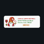 Christmas Party Gnome Cheers Return Address Label<br><div class="desc">On the left side of this fun Holiday return address label is a cute gnome elf dressed in a red and gold reindeer pattern Santa hat. He holds a Santa Claus wine glass in one hand, and a red and white striped candy cane in the other. Your name and address...</div>