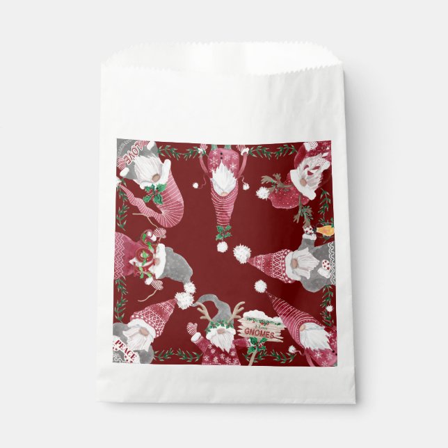 Christmas Party Gnomes Holiday Burgundy Watercolor Favor Bag (Front)