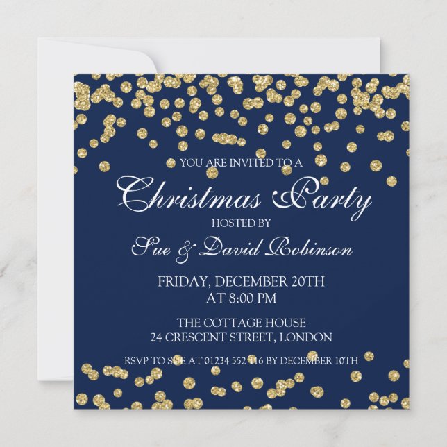 Christmas Party Gold Glitter Confetti Navy Blue Invitation (Front)