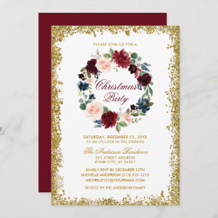 Christmas Party Gold Glitter Watercolor Floral Invitation
