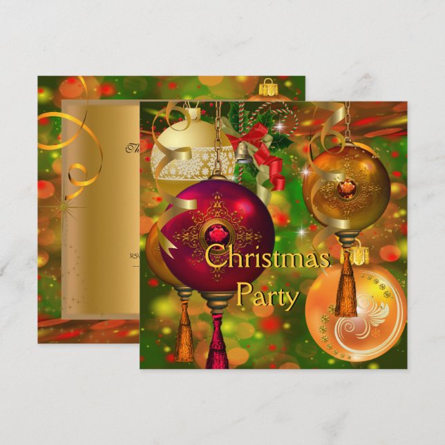 Christmas Party Gold Green Red Xmas Decorations Invitation (Front/Back)