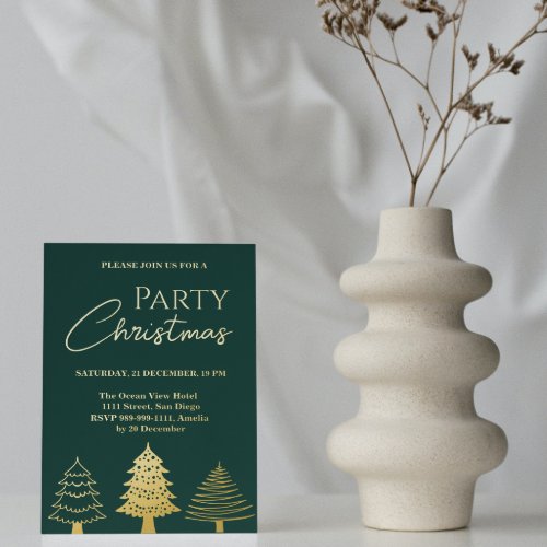 Christmas Party Gold Green Trees Modern  Foil Invitation