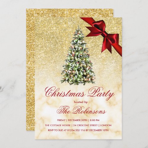 Christmas Party  Gold Marble Tree  Red Ribbon  Invitation