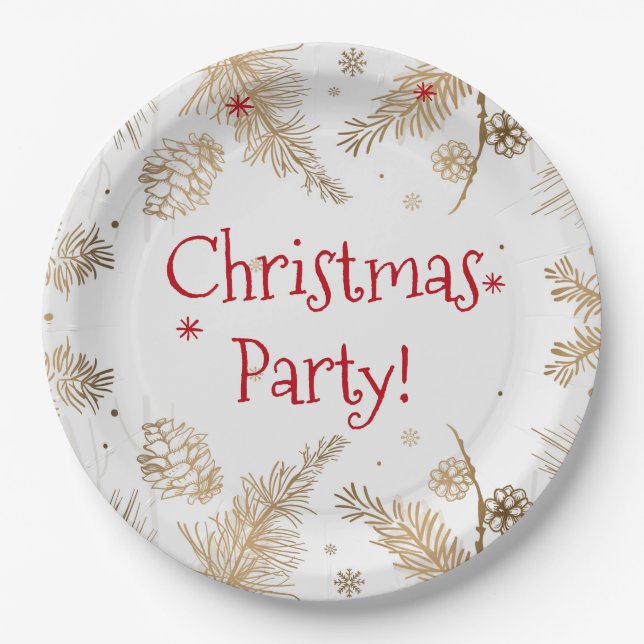 Christmas Party, Gold Pine Combs,  Paper Plates (Front)
