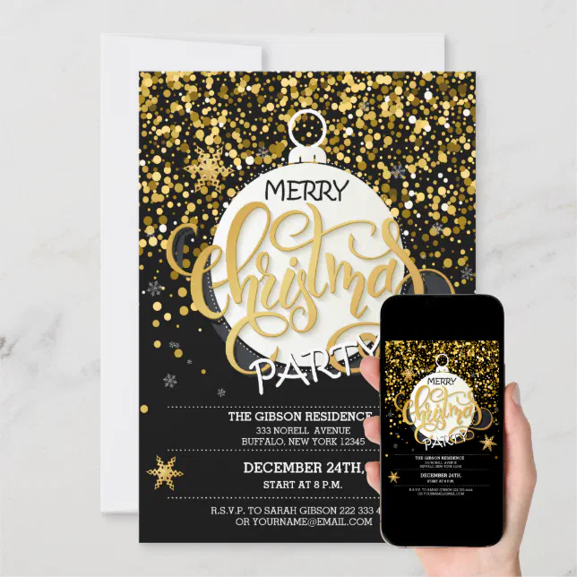 Christmas Party Gold Sparkle Dots Invitations | Zazzle