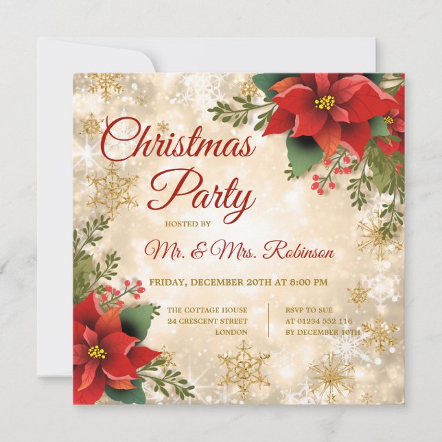 Christmas Party Gold Sparkle Red Poinsettia  Invitation (Front)