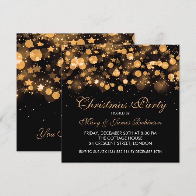 Christmas Party Gold Sparkling Stars & Lights Invitation (Front/Back)