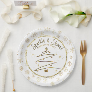Christmas Party Gold White Sparkle and Shine Paper Plates