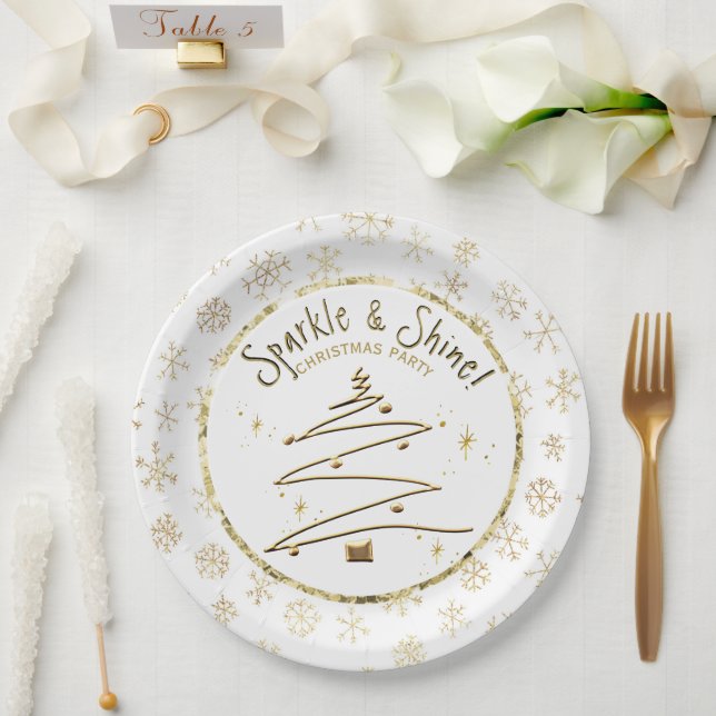 Christmas Party Gold White Sparkle and Shine Paper Plates (Wedding)