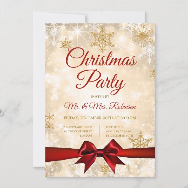 Christmas Party Gold Winter Sparkle Red Ribbon Invitation (Front)