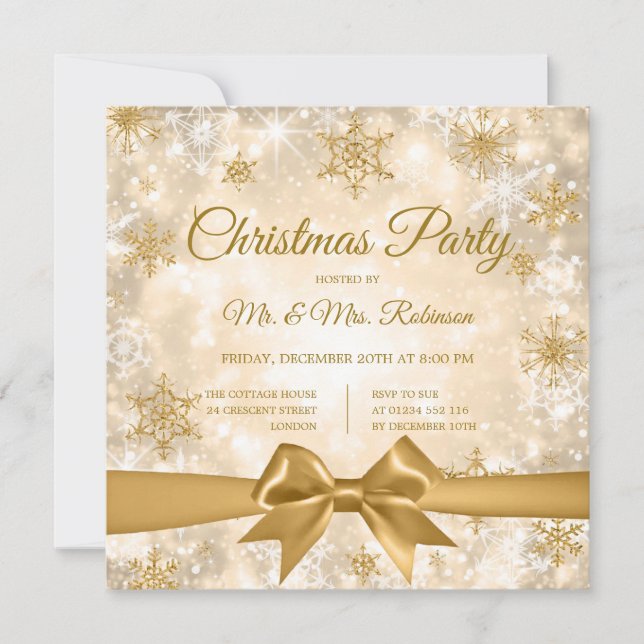Christmas Party Gold Winter Sparkle Ribbon Invitation (Front)