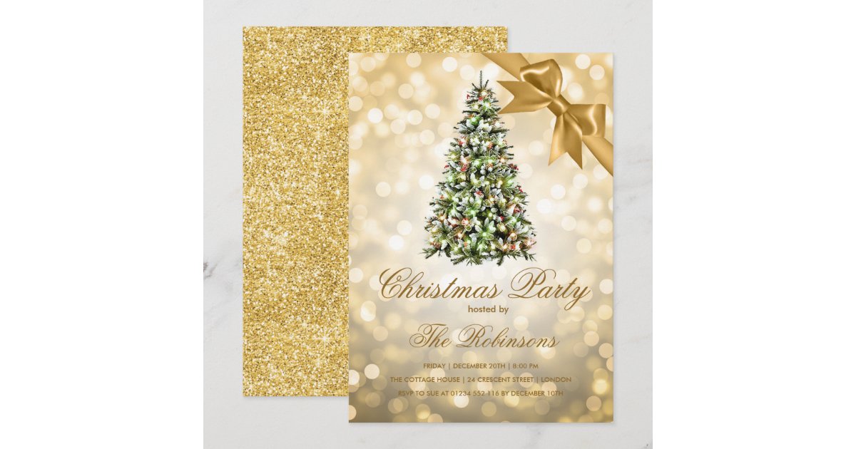 Christmas Party | Gold Xmas Tree Lights Ribbon Invitation | Zazzle