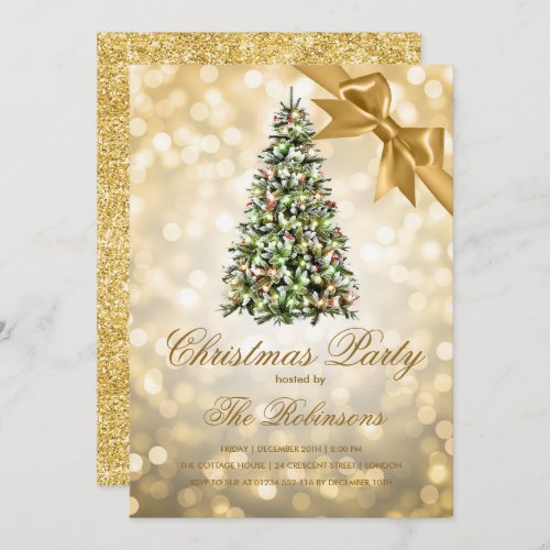 Christmas Party  Gold Xmas Tree Lights Ribbon Invitation