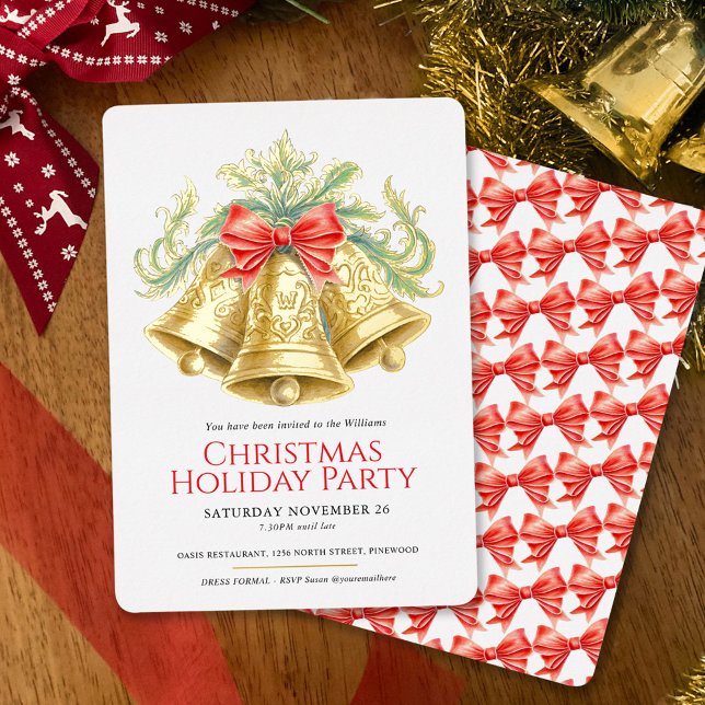 Christmas party golden bells and red bow art foil invitation (Creator Uploaded)