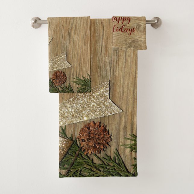 Christmas Party Golden Green Leaves Red Rustic Bath Towel Set (Insitu)