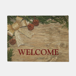 Christmas Party Golden Green Leaves Red Rustic Doormat