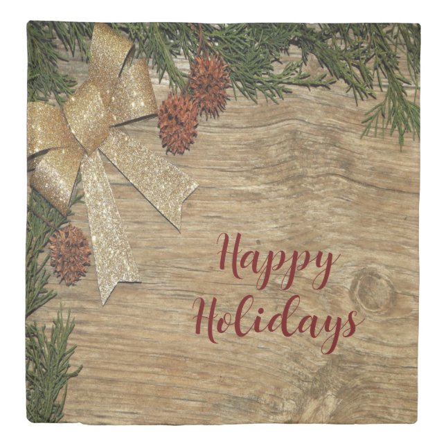 Christmas Party Golden Green Leaves Red Rustic Duvet Cover (Front)