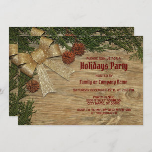 Christmas Party Golden Green Leaves Red Rustic Invitation