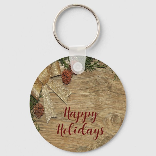 Christmas Party Golden Green Leaves Red Rustic Keychain (Front)