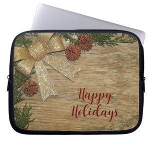 Christmas Party Golden Green Leaves Red Rustic Laptop Sleeve