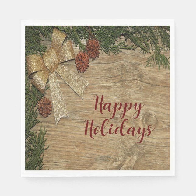 Christmas Party Golden Green Leaves Red Rustic Napkins (Front)