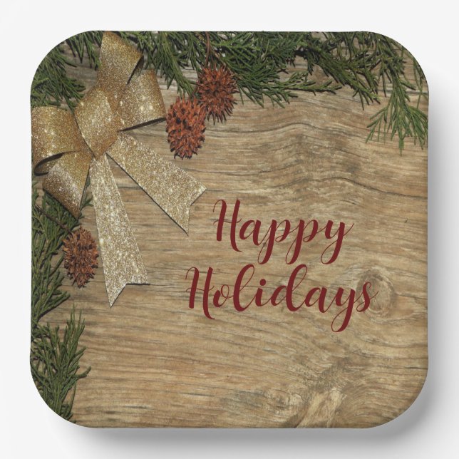 Christmas Party Golden Green Leaves Red Rustic Paper Plates (Front)