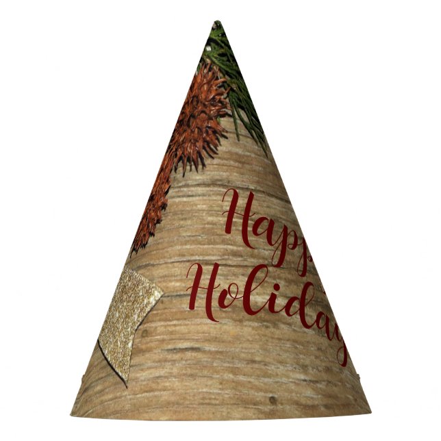 Christmas Party Golden Green Leaves Red Rustic Party Hat (Front)