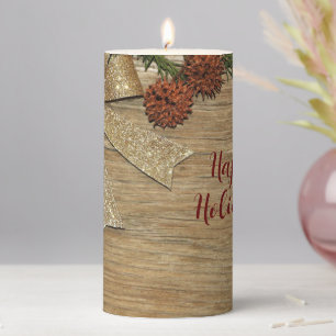 Christmas Party Golden Green Leaves Red Rustic Pillar Candle