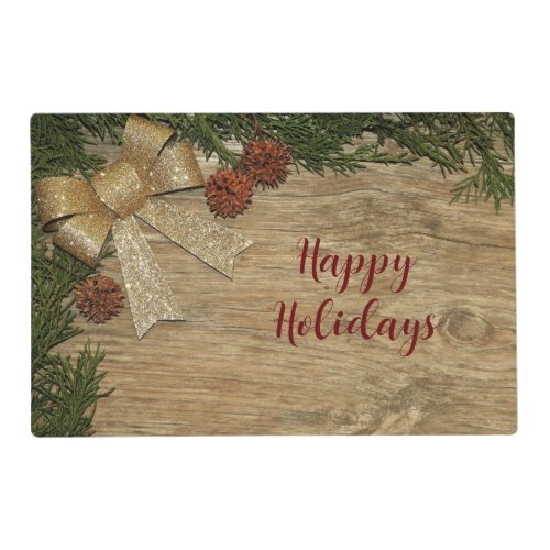 Christmas Party Golden Green Leaves Red Rustic Placemat