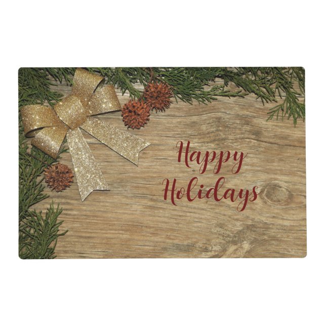 Christmas Party Golden Green Leaves Red Rustic Placemat (Front)