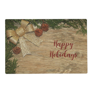 Christmas Party Golden Green Leaves Red Rustic Placemat