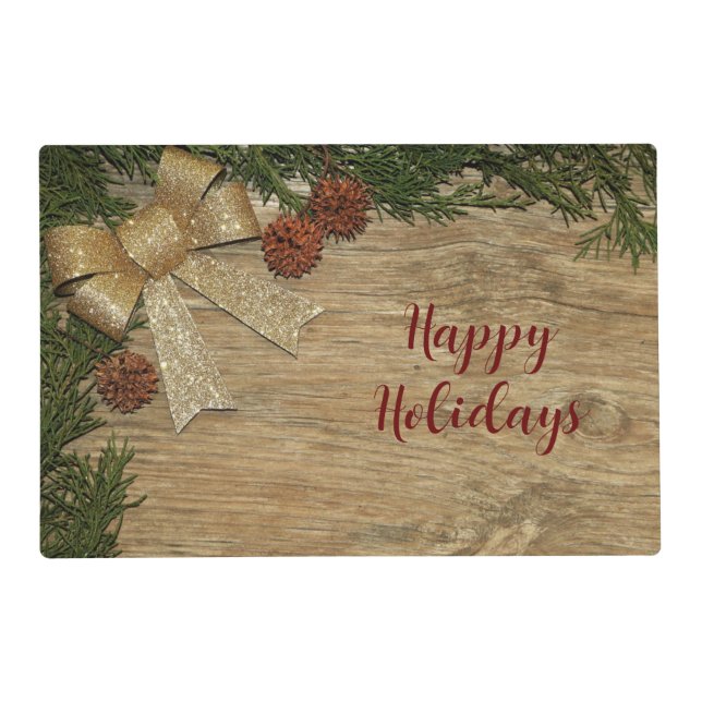 Christmas Party Golden Green Leaves Red Rustic Placemat (Front)