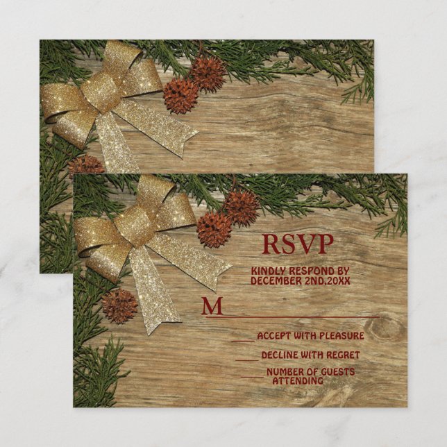 Christmas Party Golden Green Leaves Red Rustic RSVP Card (Front/Back)