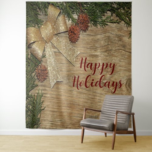 Christmas Party Golden Green Leaves Red Rustic Tapestry