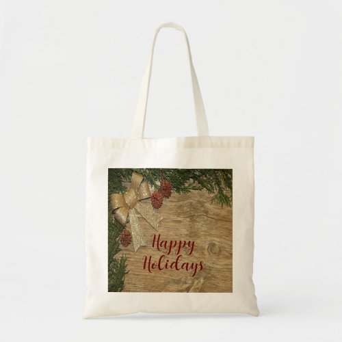 Christmas Party Golden Green Leaves Red Rustic Tote Bag